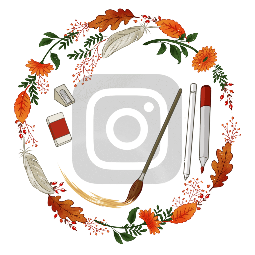 Kreisförmige Illustration mit Blumen und Utensilien zum Zeichnen.